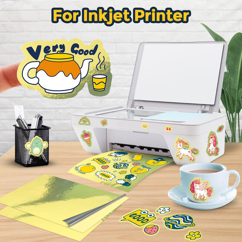 Auto-adesivo papel de cópia para impressora Inkjet, imprimível vinil adesivo papel, transparente ouro branco, etiqueta DIY adesivo, A4, 10 folhas