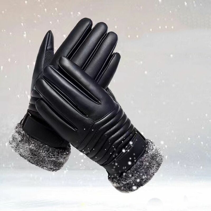 Guantes de esquí cálidos de cuero PU para mujer, dedos antideslizantes, mitones de pantalla táctil abiertos, guantes gruesos de dedo completo, invierno y otoño