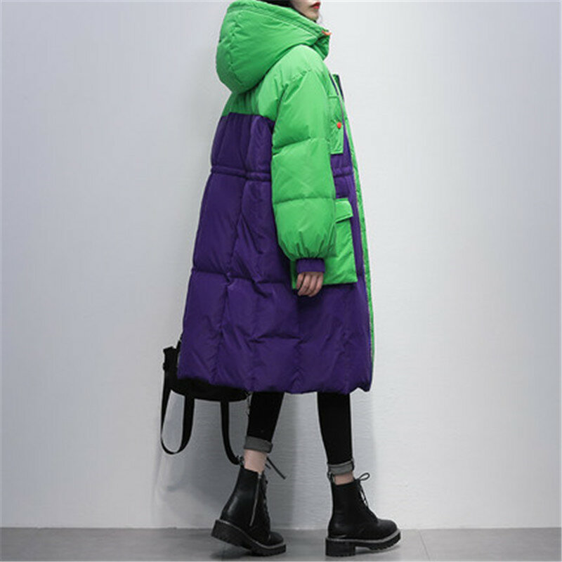 따뜻한 후드 오리털 롱 다운 자켓 및 코트 여성용, 대비 색상, 한국 스타일, 2023 년 겨울 신제품, 90%
