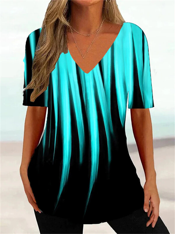 シンプルな女性用半袖Tシャツ,3D波,ファッショナブル,Vネック,カジュアルなストリートウェア,夏