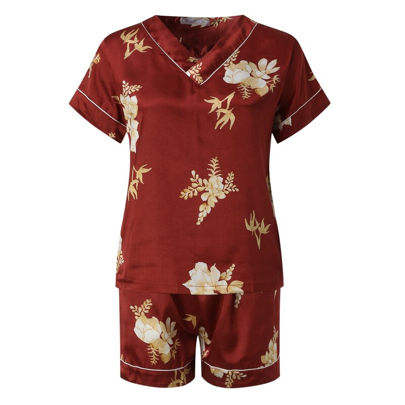 Conjunto de pijamas de satén para mujer, ropa de dormir Sexy, lencería de manga corta con cuello en V, camisa con estampado Floral, pantalones cortos, trajes suaves sueltos