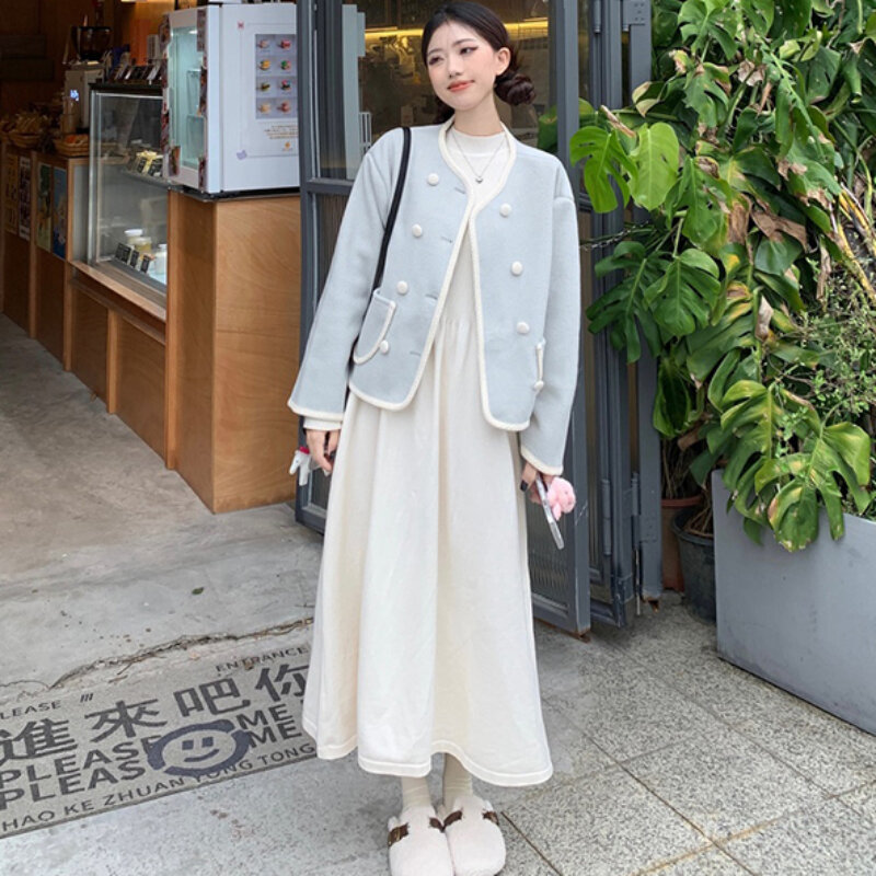 Koreaanse Mode 2-delig Pak Voor Dames Tweed Jasje Lange Mouw Enkele Rij Knopen Top En Halfhoge Hals Gebreide Lange Jurk Outfits