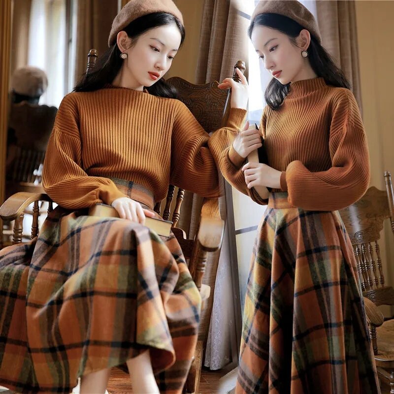 Vintage Tweedelige Set Vrouwen Breien Koreaanse Elegante Conjunto Femenino Effen Trui + Plaid Lange Rok Herfst Winter 2023 Kleding