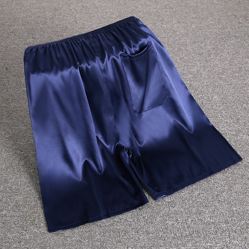 Męskie spodenki nocne z elastyczną talią jedwabna satynowa piżama spodnie z kieszeniami spodenki męskie przyczynowe sztuczne jedwabne piżamy spodenki domowe