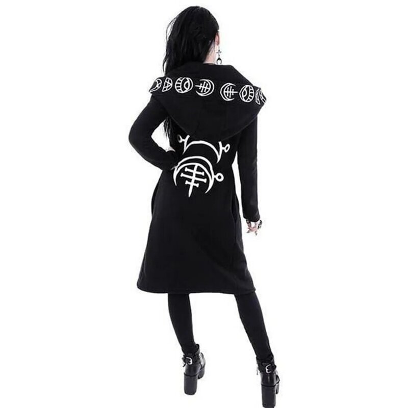 Женская флисовая куртка на подкладке, длинная куртка с рукавом, женское черное пальто большого размера в стиле панк с Луной, женский кардиган с капюшоном и принтом