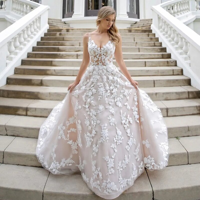 Schönes Kleid charmante tiefe V-Ausschnitt Brautkleid Blumen applikationen bodenlangen Sweep Train 2024 Brautkleid neues Ballkleid
