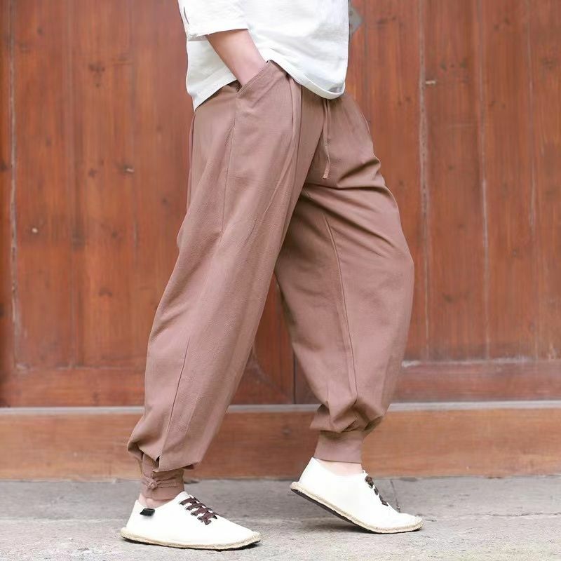 Pantalones bombachos de algodón y lino para hombre, pantalón de chándal recto, informal, para exteriores, primavera y verano
