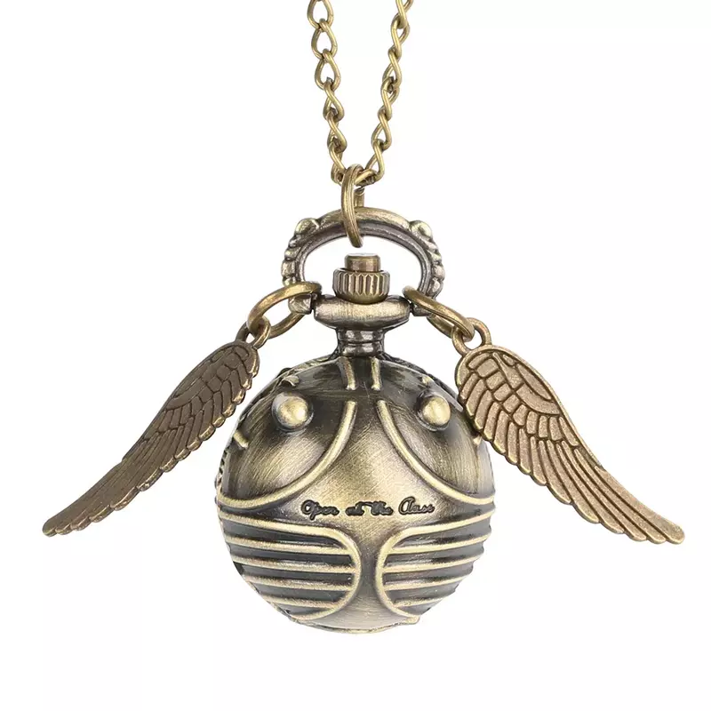 Vintage Quartz Pocket Watch Bronze Wing Flip Watch Round Ball Silver Pendant Fob Clock Chain Necklace Gift for Kids Wholesale