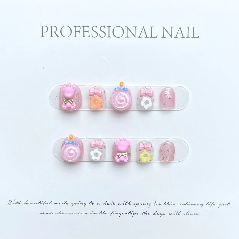 Kids' Handmade Nails Press on Full Cover Manicuree Bear Lolipop False Nails Wearable Artificial With Tool Kit