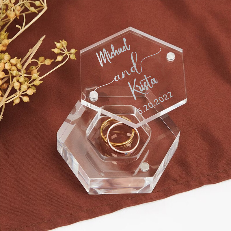 Custom Acryl Clear Hexagon Ring Box, Gepersonaliseerde Engagement Wedding Ring Box Opslag, Bruiloft Decoratie, Bruids Gift