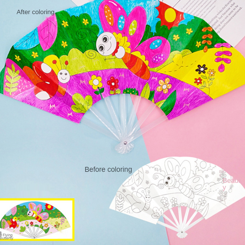 Painting Summer Fan DIY Toys For Children Cartoon Animal Color Graffiti Origami Fan Art Craft Toy Creative Drawing Kids