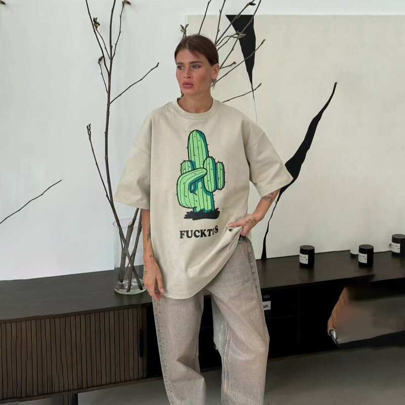 Camiseta de manga corta para mujer, ropa con estampado de Cactus, talla pequeña y holgada, diseño de marca de moda, Instagram, americana