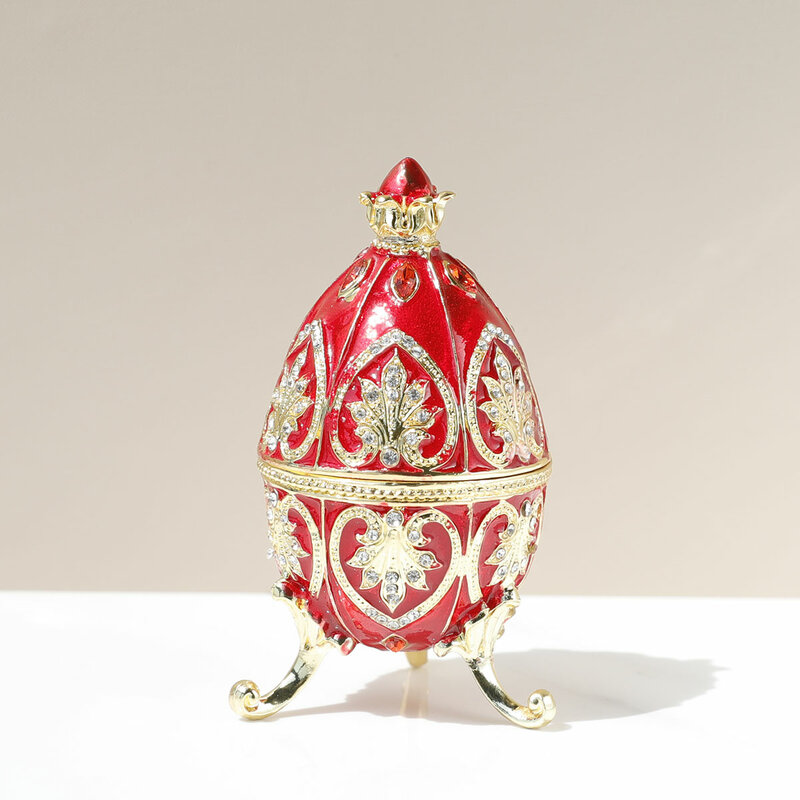 Caja de baratija decorativa de estilo huevo de Faberge rojo esmaltado pintado a mano, regalo único con bisagras para la familia, 1 unidad