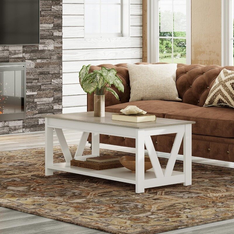 Farmhouse Coffee Table,Living Room Table with Storage,43 in Wood Center Table with V-Shaped Frame for Home Office,Apartment
