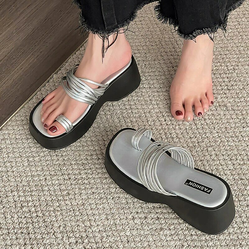2024 Summer Chunky Woman Slippers Fashion Clip Toe Platform Wedges High Heel Silvery Ladies Shoes Zapatillas De Mujer