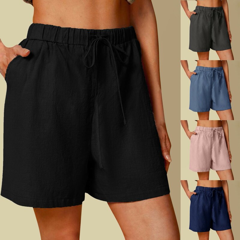 Shorts de algodão e linho para mulheres, shorts casuais, cintura alta, elástico, tamanho grande, verão
