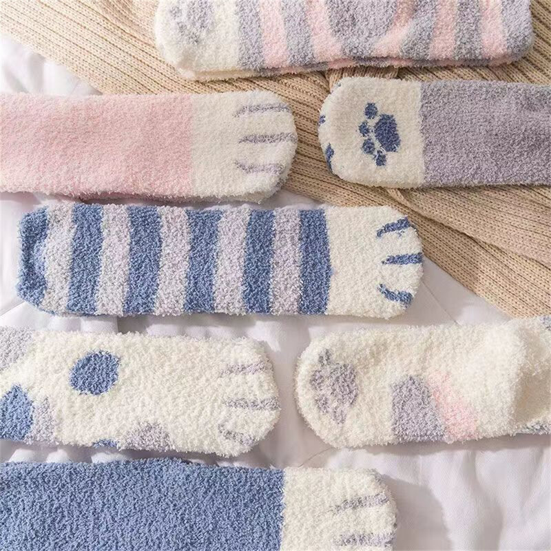 New Women Coral Fleece Socks Kawaii Cat Claws Socks Winter Thick Warm Mid-Thigh Snow Socks Cute Cat Paws Floor Socks