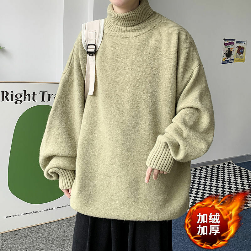 2022 Turtleneck Sweater Men's Winter Casual Loose Plus Velvet Thick Warm Solid Color Knitted Sweater Solid Color Bottoming Top