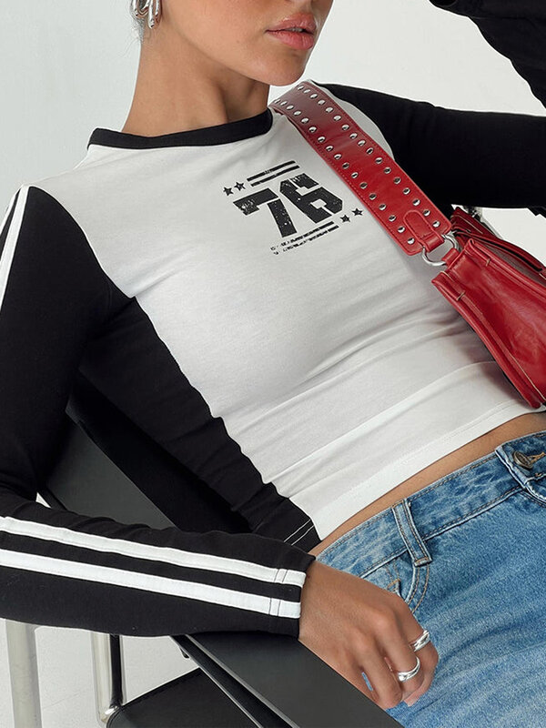Frauen Teen Mädchen niedlichen Ernte Top Langarm Rundhals ausschnitt Hemd Farb block Vintage Top Y2k Fee Grunge Bluse