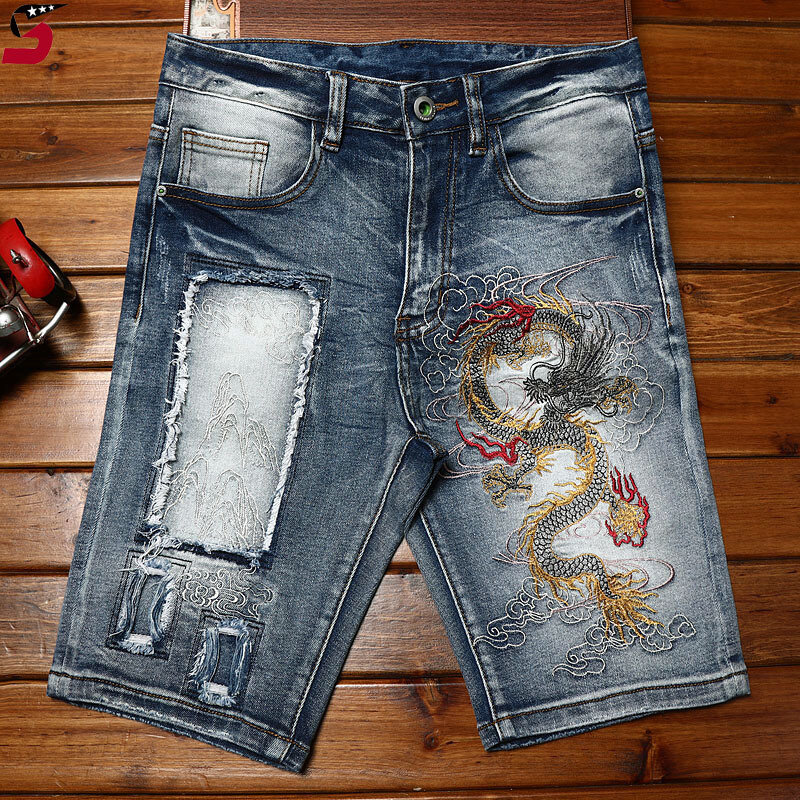 Chinese Style Embroidery Denim Shorts Men's Street Fashion and Handsome Trendy Retro High-End Stretch Slim-Fitting Biker Shorts