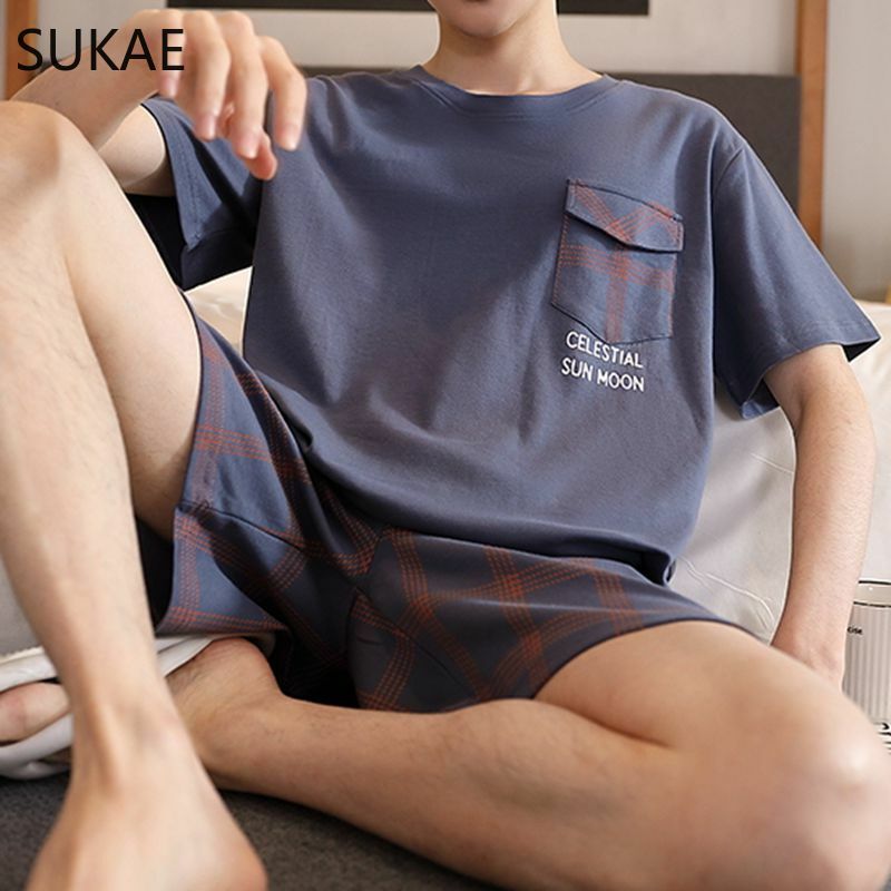 SUKAE Man's Sleepwear Summer Cotton Shorts L-5XL Plus Size Nightwear Leisure Men Pajamas Set Pullover Short Sleeves Homewear