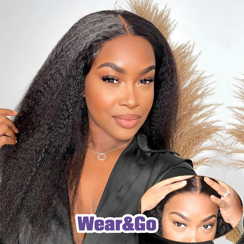 Yaki Straight Wear And Go Glueless Pre Plucked Natural Kinky Straight Lace Frontal Human Hair Wigs Pre Cut 4x4 Lace Closure Wigs