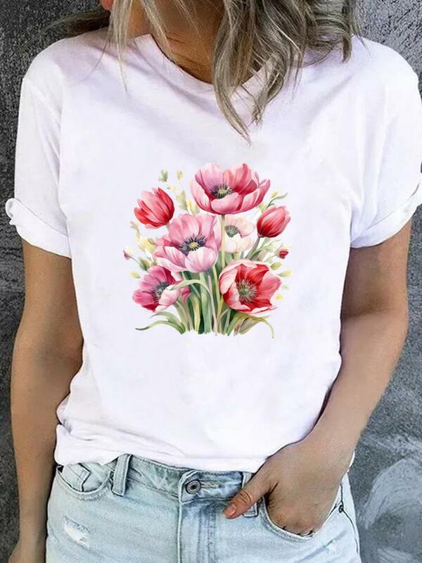 T-shirt à manches courtes pour femmes, graphique basique, joli style fleuri, tendance des années 90, vêtements College