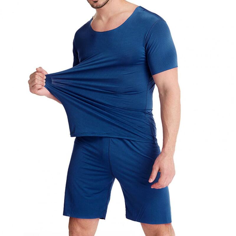 Piyama pria, 2 Pcs/Set warna Solid leher O lengan pendek elastis musim panas pakaian rumah sutra es lembut untuk tidur