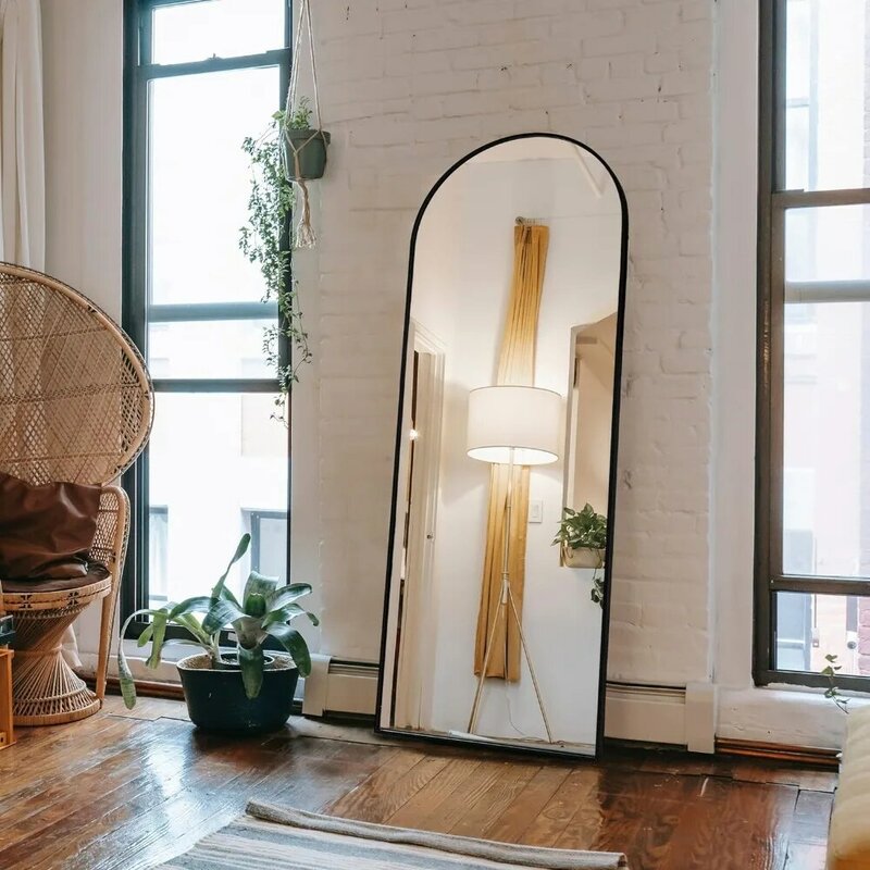 Wall Mirror Full Length with Standing,Black Arched Mirror,Large Floor Mirror with Aluminum Alloy Frame for Door Bedroom