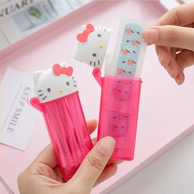 헬로 키티 미니 이쑤시개 튜브, 귀여운 애니메이션 Kt 고양이 휴대용 여행 메이크업 면봉 보관함, 거울이 있는 치실 용기