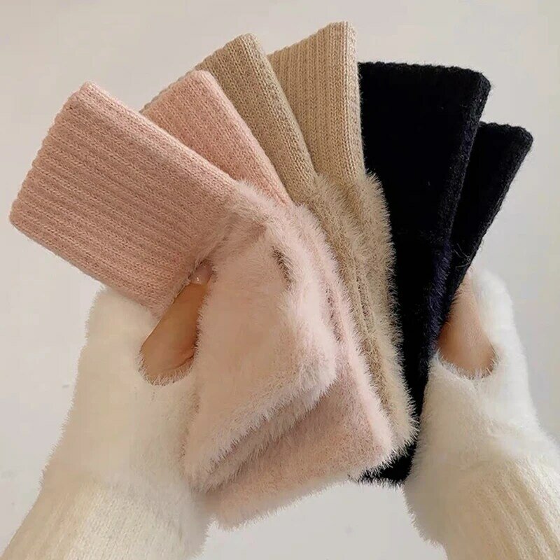 H.Aic S-Mink Luvas macias para mulheres, monocromáticas, luvas quentes sem dedos, pelúcia branca, luvas de pulso tricotadas, inverno luxuoso