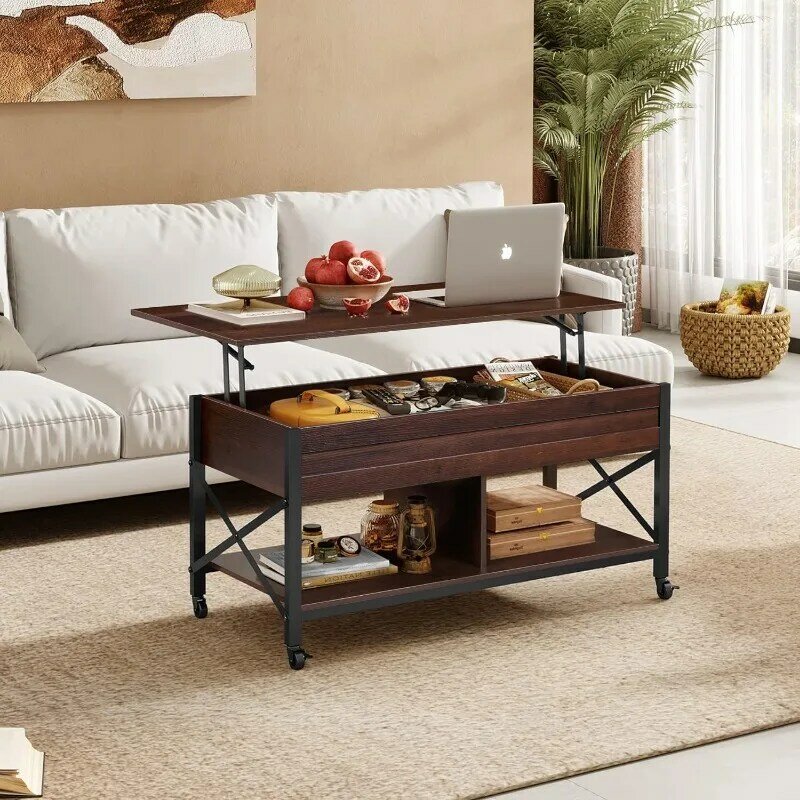 WLIVE meja kopi atas untuk ruang tamu, meja kopi dengan penyimpanan, kompartemen tersembunyi dan bingkai logam, Meja Tengah