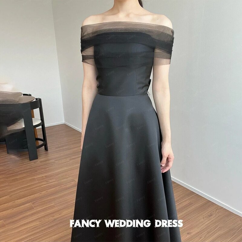 Fancy Simple abito da sposa in raso nero corea servizio fotografico senza spalline senza maniche lunghezza del pavimento abito da sposa corsetto posteriore con scialle