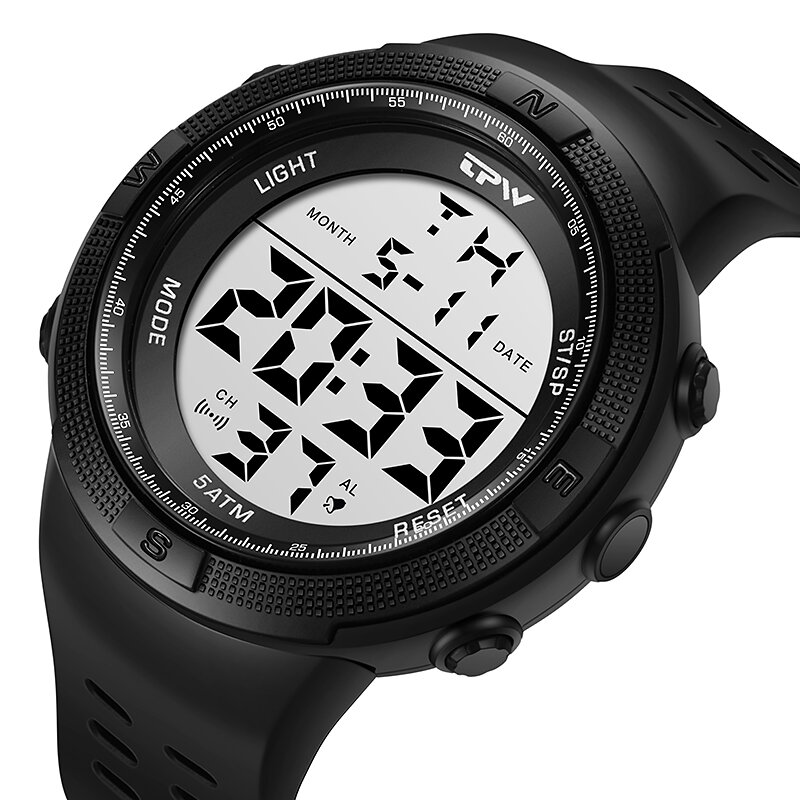 Tpw Oversized 53Mm Digitaal Horloge Voor Mannelijke 5atm Zwemkalender