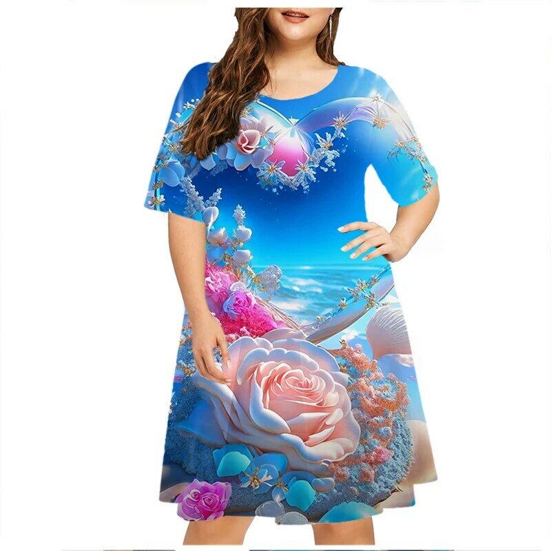 الصيف المرأة فستان حجم كبير قصيرة الأكمام فستان فضفاض الصيف عادية شاطئ مشهد الأزهار طباعة فستان للنساء موضة الملابس