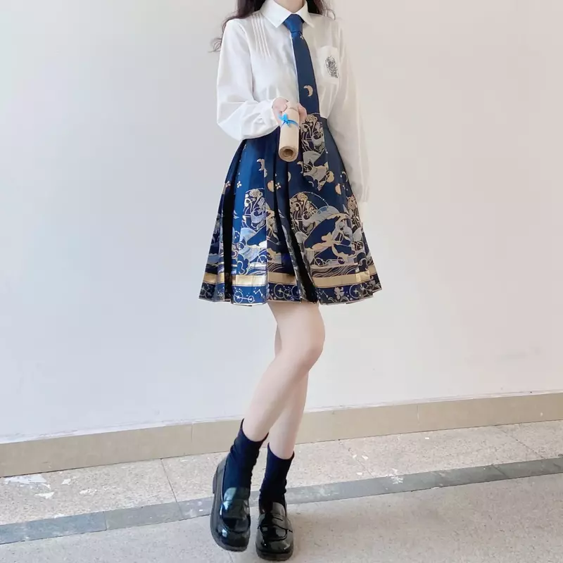 Chinesische traditionelle Hanfu Kleidung Vintage JK Anzug Druck Volkstanz Rock Gold Stempel verbessert Hanfu Pferd Gesicht kurzen Rock
