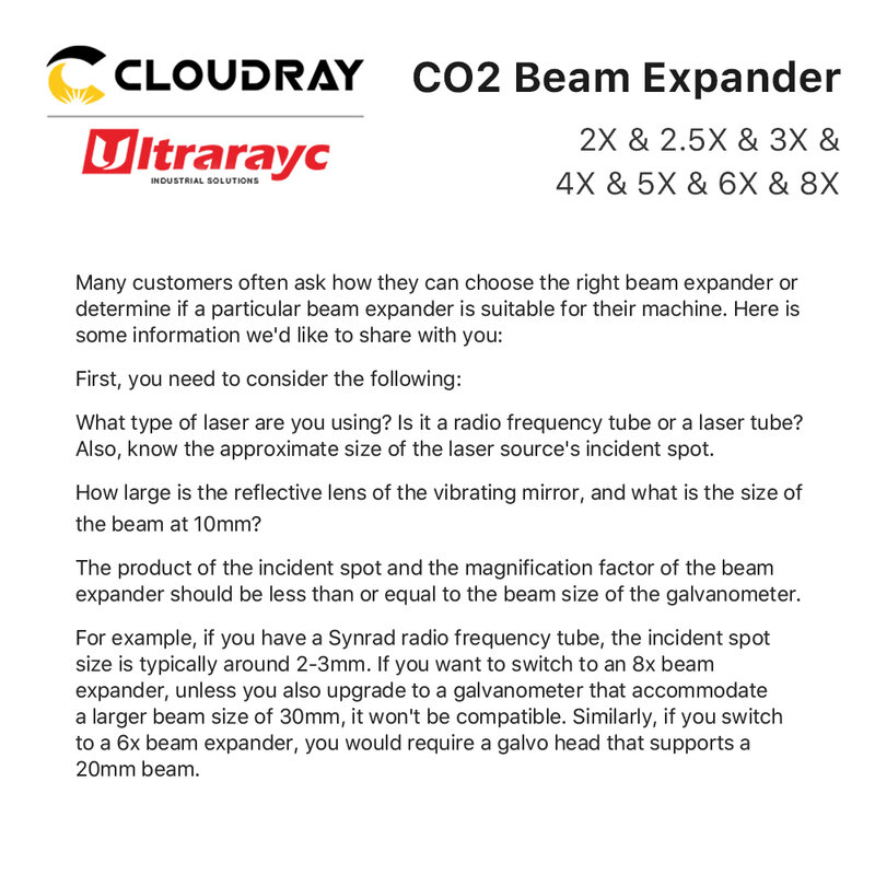 Ultrarayc CO2 레이저 빔 확장기, 레이저 마킹 기계용 광학 렌즈, CO2 10600nm, 1.5X, 2X, 2.5X, 3X, 4X 확장 비율, M22 * 0.75
