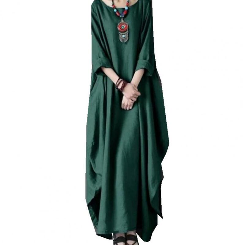 Robe longue à manches longues et col rond pour femmes, vêtement rétro de couleur unie, longueur de rinçage, grande taille