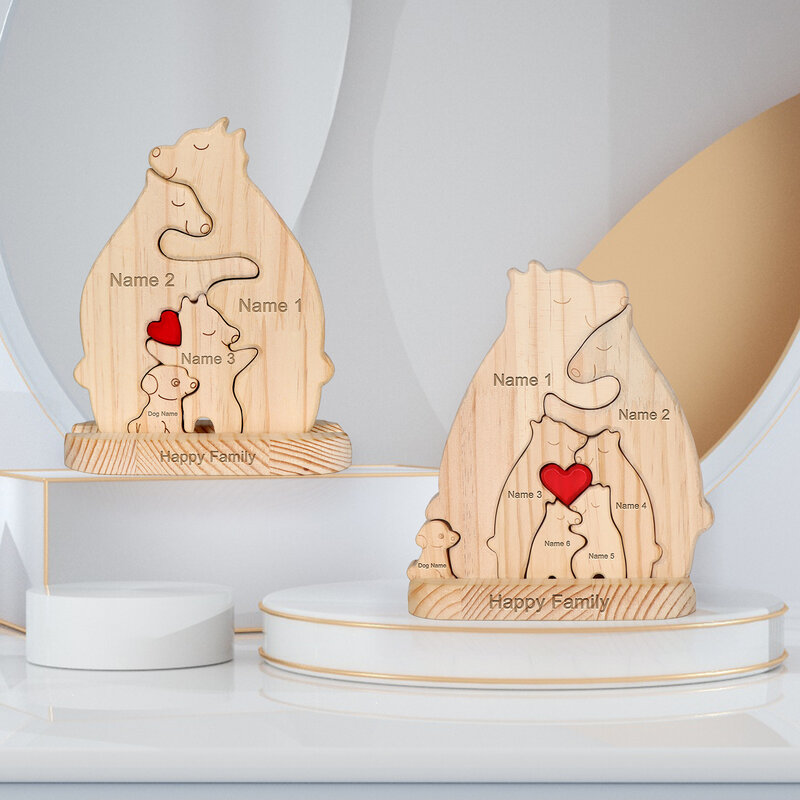Free Engraving Bear Family Wooden Puzzle Personalized Custom Name For Birthday Gift Family Name Sculpture Home Desk Decor