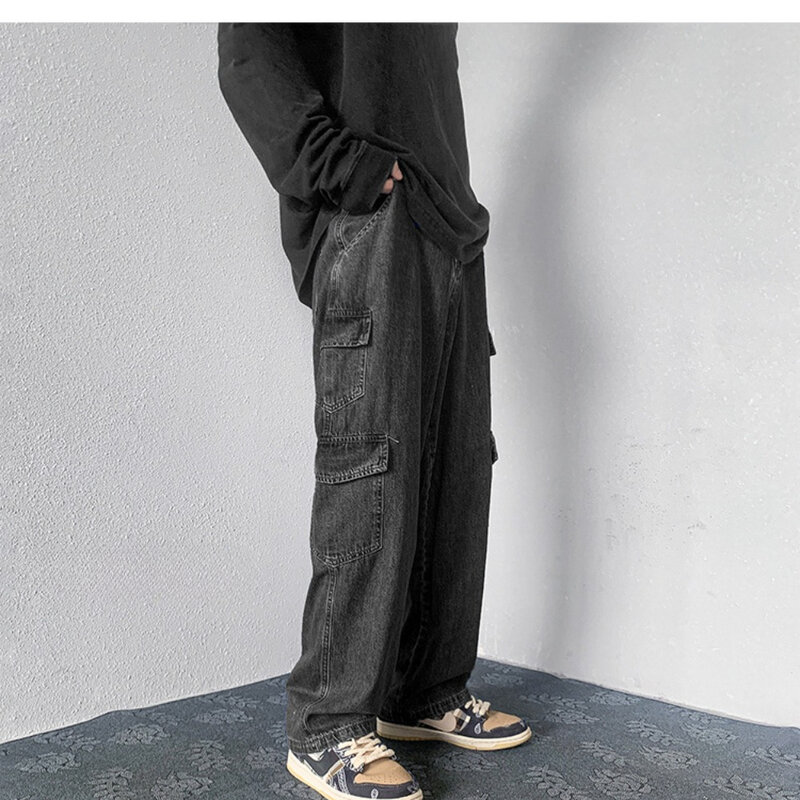 Jeans de perna reta retrô masculino, bolsos soltos, perna larga, estilo de rua americano, roupa casual personalizada, tendência de outono
