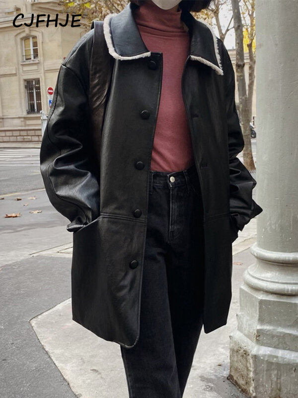 CJFHJE Women Long Faux Leather Winter Fur Liner Keep Warm PU Overcoat New Fashion Single-Breasted Jacket Pockets Button Up Coat