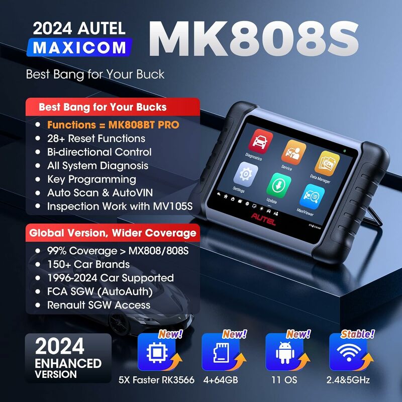 Autel Scanner Maxicom Mk 808S: 2024 Bidirectionele Tool Als Mk808bt Pro Mx 808S M808z, Functie Als Maxicheck Mx900, 28 + Service