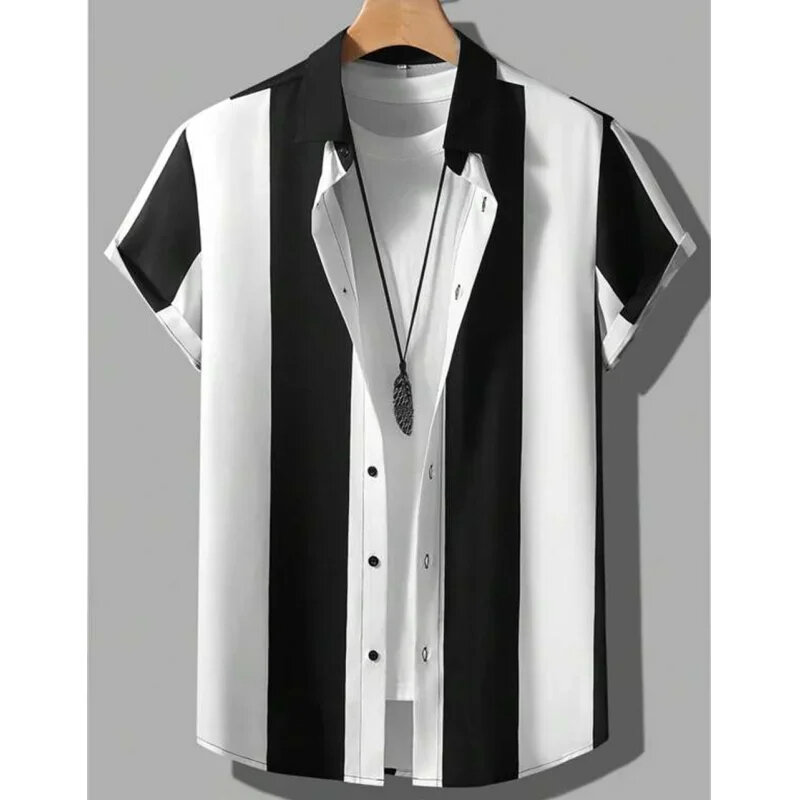 Simple striped 3D printed men's shirt casual and fashionable short sleeved shirt button up lapel street clothing plus size top