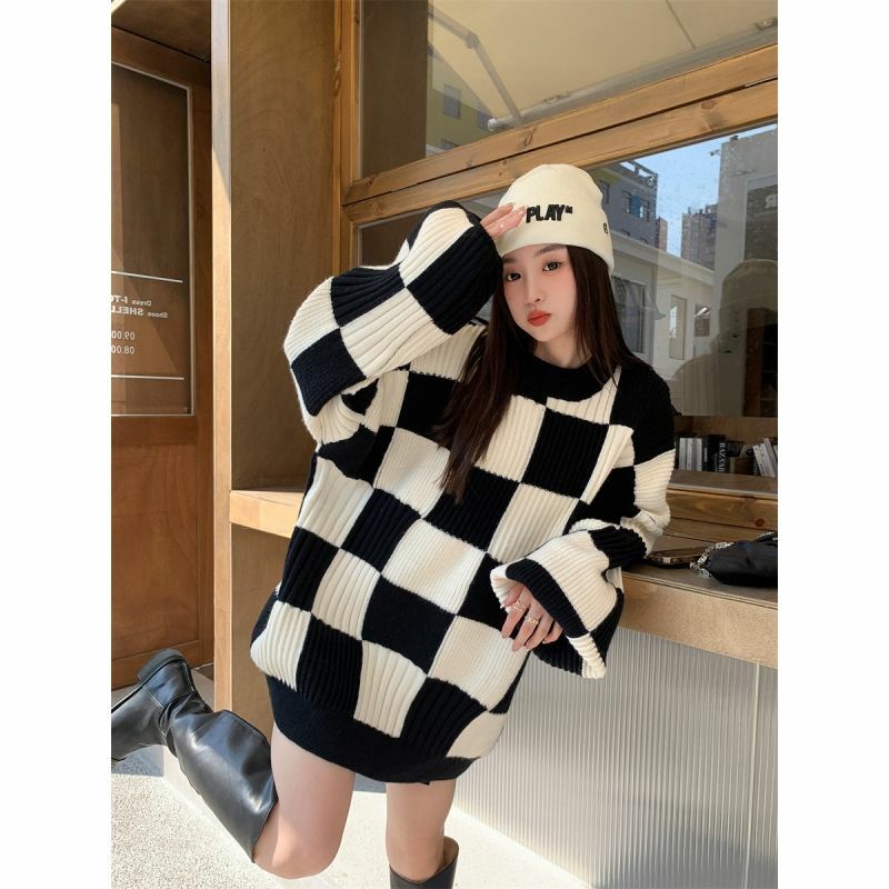 Корейский модный клетчатый вязаный свитер Deeptown Ретро винтажная одежда осень-зима шахматный вязаный джемпер пуловер J118
