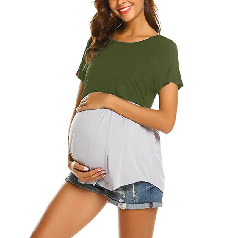 ملابس الأمومة غير رسمية ملابس النساء الحوامل س الرقبة قصيرة الأكمام المرقعة التمريض الرضاعة الطبيعية بلوزات علوية تي شيرت الصيف