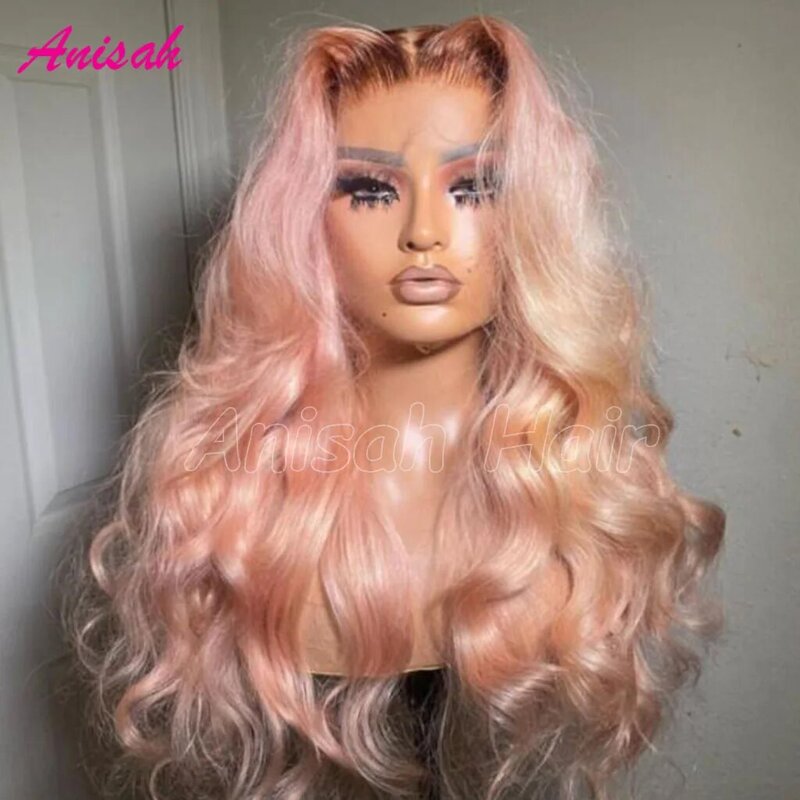 Brazilian Remy Hair Light Pink Colored HD Transparent Lace Lace Frontal Wig For Women Ombre Wavy Lace Front Human Hair Wigs