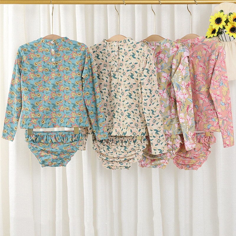 Set Baju Renang Bayi Terpisah untuk Anak Perempuan Floral Print Ruffle Atasan Lengan Panjang Celana Pendek 2 Potong Setelan Musim Semi Musim Panas Pakaian Anak Perempuan Pakaian Renang
