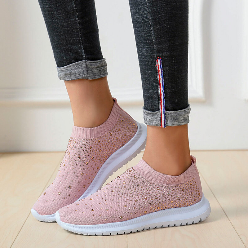 2024 New Women's Mesh Outdoor Walking Shoes Crystal Flash Slip-on Socks Sneakers Tennis Women's Knitted Running Shoes