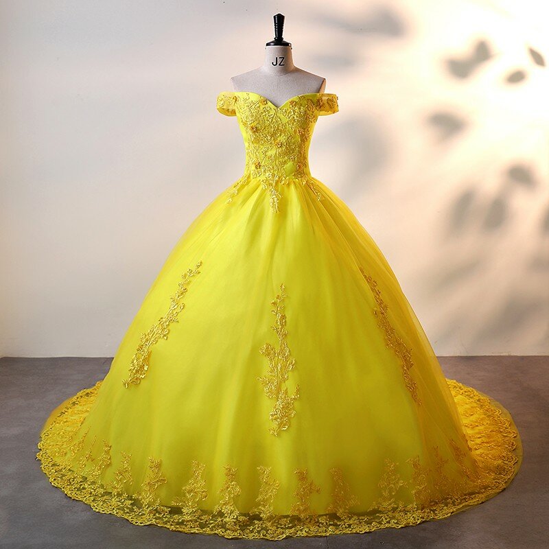 Ashley gaun pesta kuning gaun Quinceanera manis gaun pesta bahu terbuka elegan Vestidos renda klasik disesuaikan B01