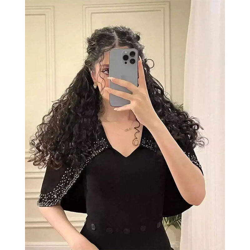 Gaun Prom manik-manik V-neck elegan gaun malam hitam Arab Saudi gaun pesta acara Formal anak perempuan A-Line panjang sepergelangan kaki